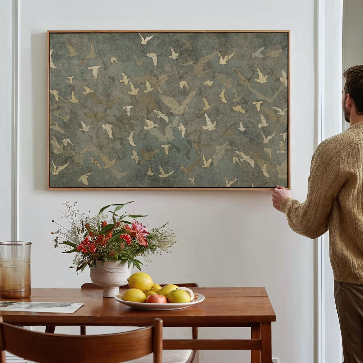 Framed Flock Of Birds Canvas Print, Oversized Minimalist Silhouette Wall Art, Neutral Boho Nature Decor Living Room, ART