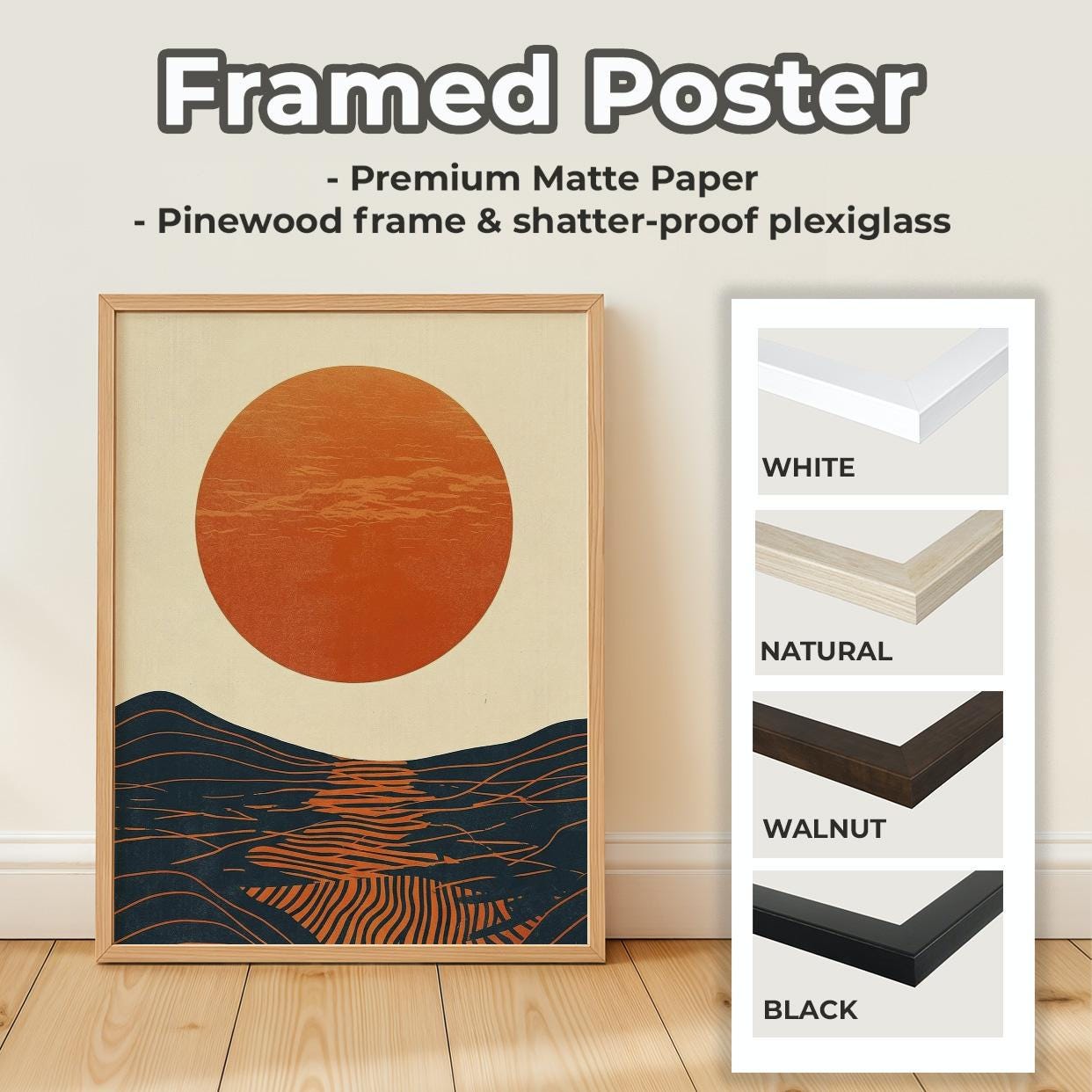 Mid Century Modern Sun Wall Art, Framed Bauhaus Canvas Print, Abstract Wave Geometric Poster Minimalist Living Room Deco