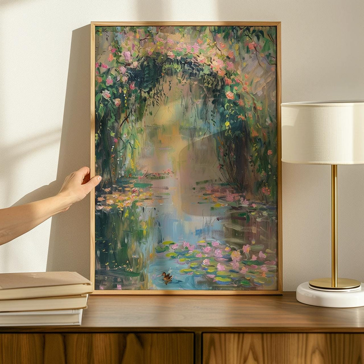 Monet Style Pastel Oil Painting Print, French Country Floral Wall Decor, Impressionist Water Lily Vintage Art, ART214