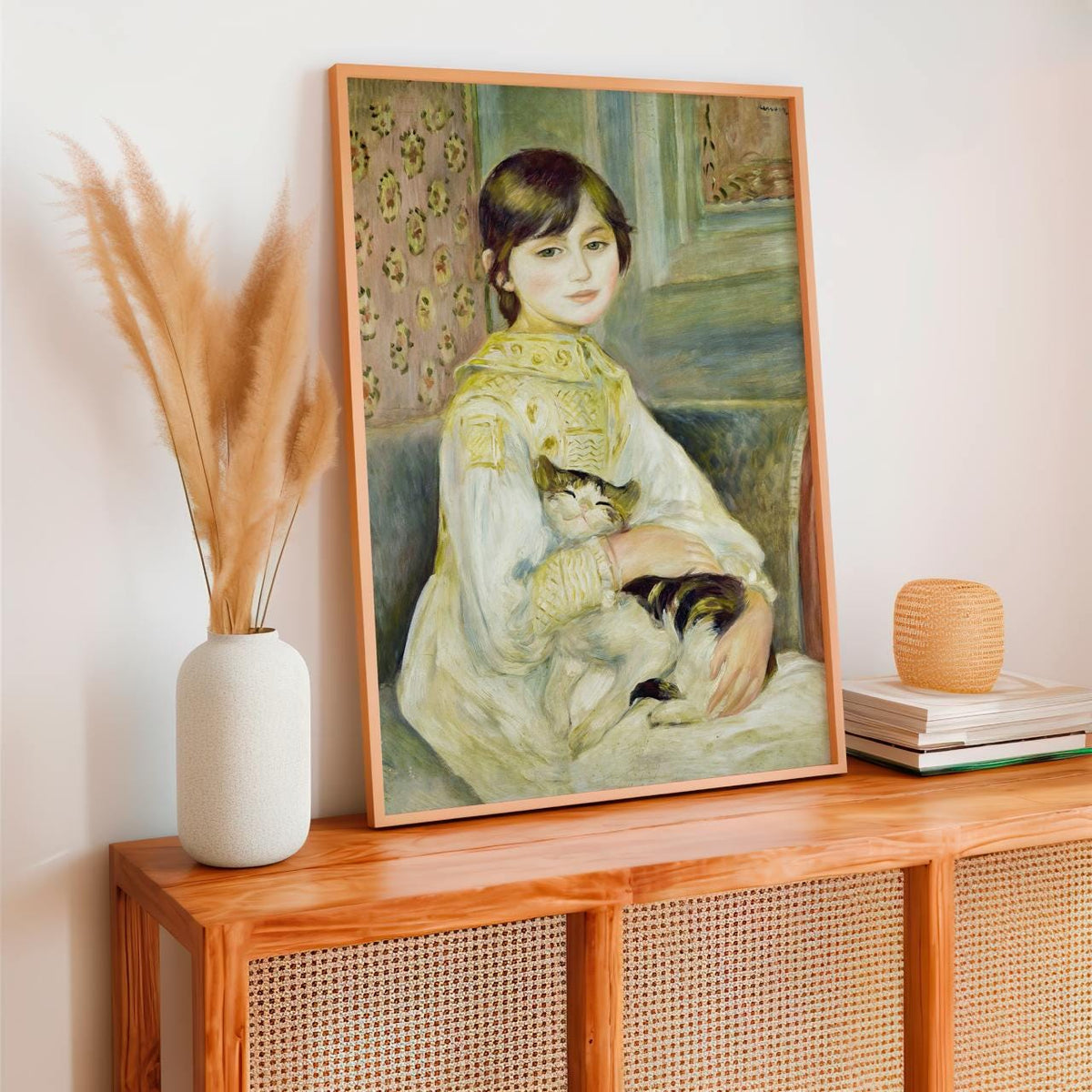 Pierre-Auguste Renoir, Julie Manet with Cat (1887) - Impressionist Child Portrait, Elegant Interior Scene, Decorative Wa