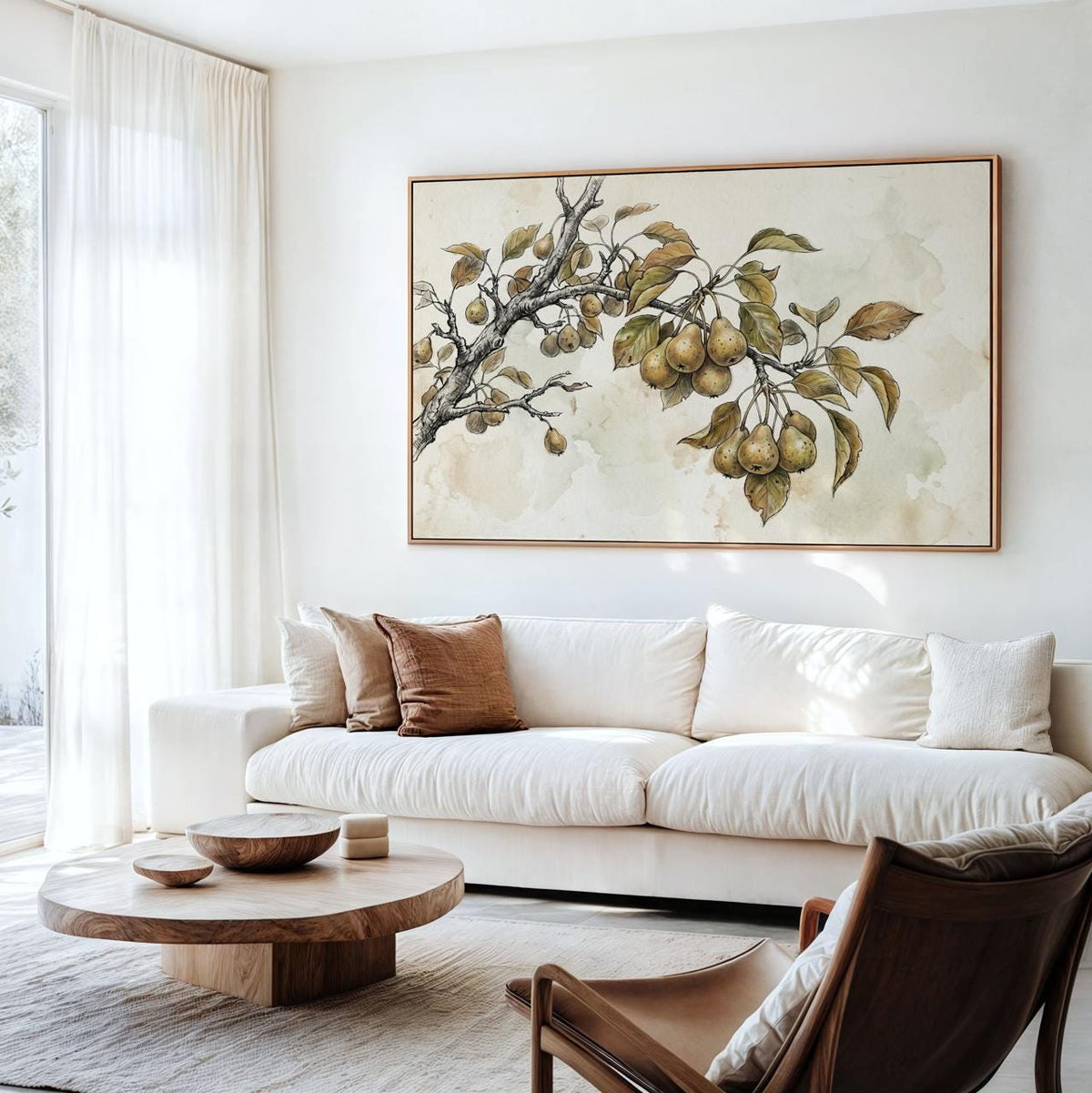 Framed Canvas Vintage Pear Tree Art Print, Neutral Nature Sketch Wall Art for Kitchen and Living Room, ART280