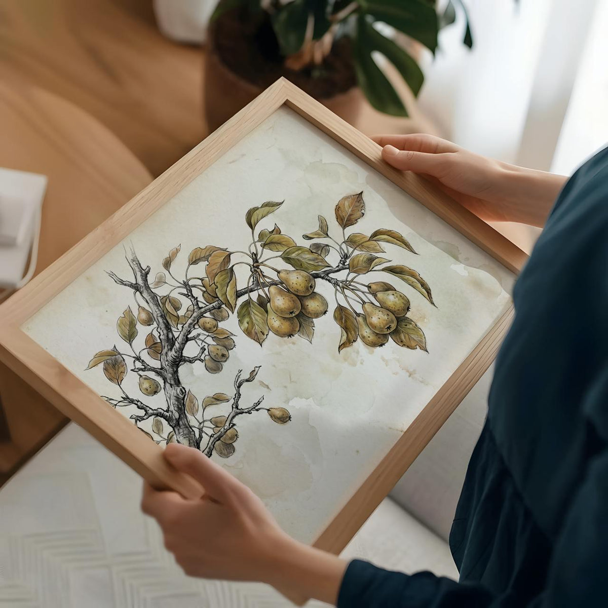 Framed Canvas Vintage Pear Tree Art Print, Neutral Nature Sketch Wall Art for Kitchen and Living Room, ART280