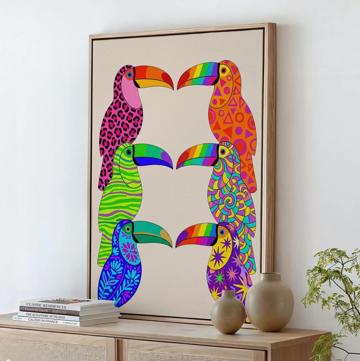 Dopamine Toucan Wall Art, Framed Colorful Canvas Print, Vibrant Abstract Toucan Painting, Playful Tropical Decor, ART314