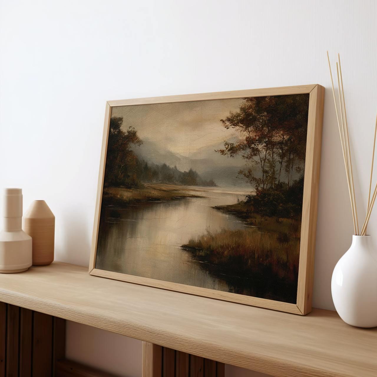 Moody Fall Lake Landscape Print, Vintage Autumn Oil Painting Wall Art, Modern Cottage Fall Decor for Living Room, ART283
