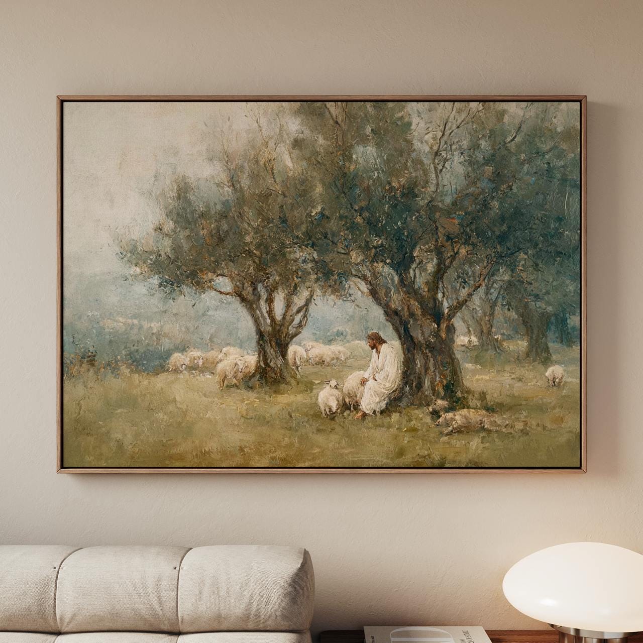 The Lord is My Shepherd Christian Wall Art, Jesus Leaves the 99, Neutral Jesus and Sheep Oil Painting, Modern Faith Deco