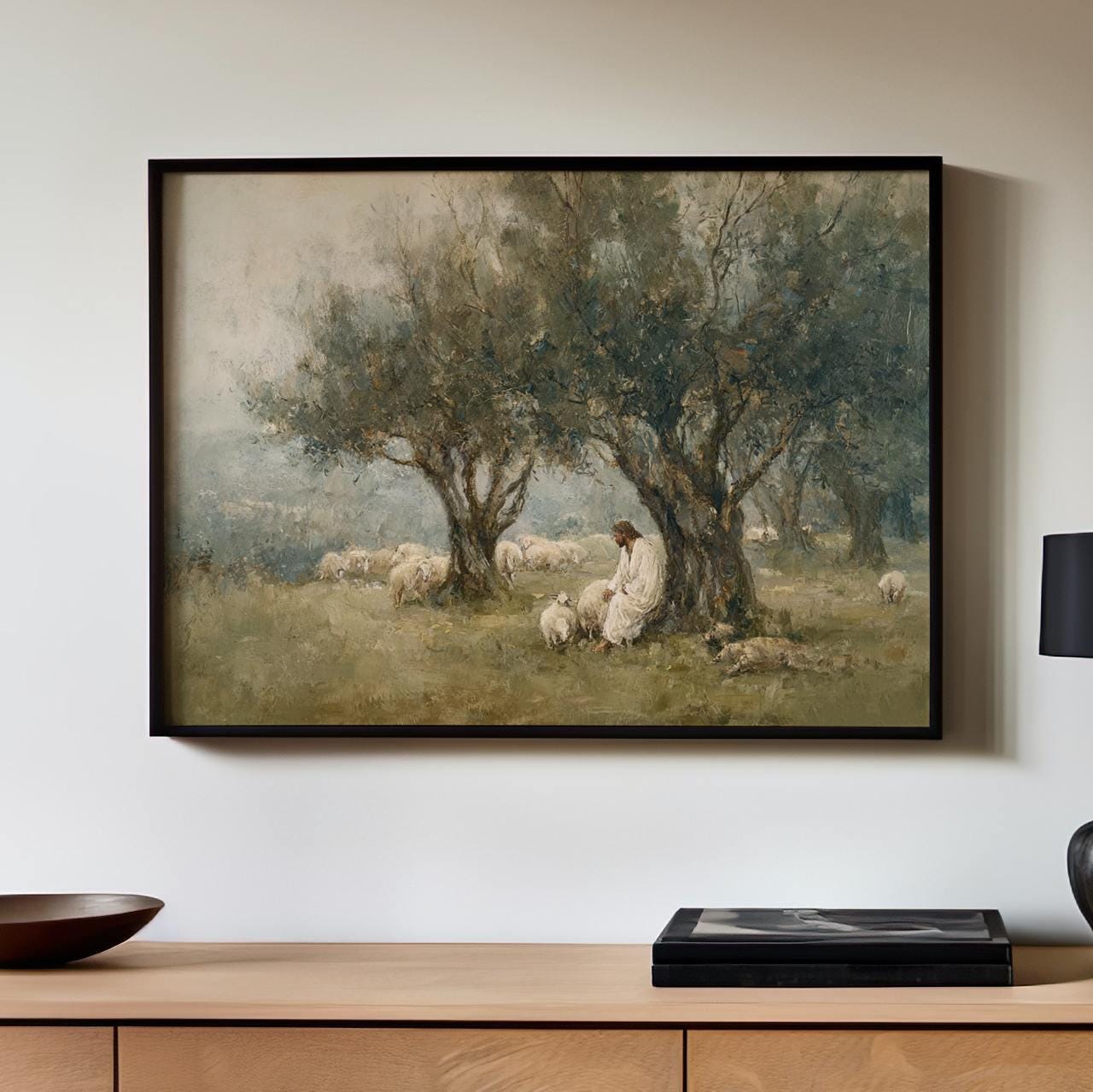 The Lord is My Shepherd Christian Wall Art, Jesus Leaves the 99, Neutral Jesus and Sheep Oil Painting, Modern Faith Deco