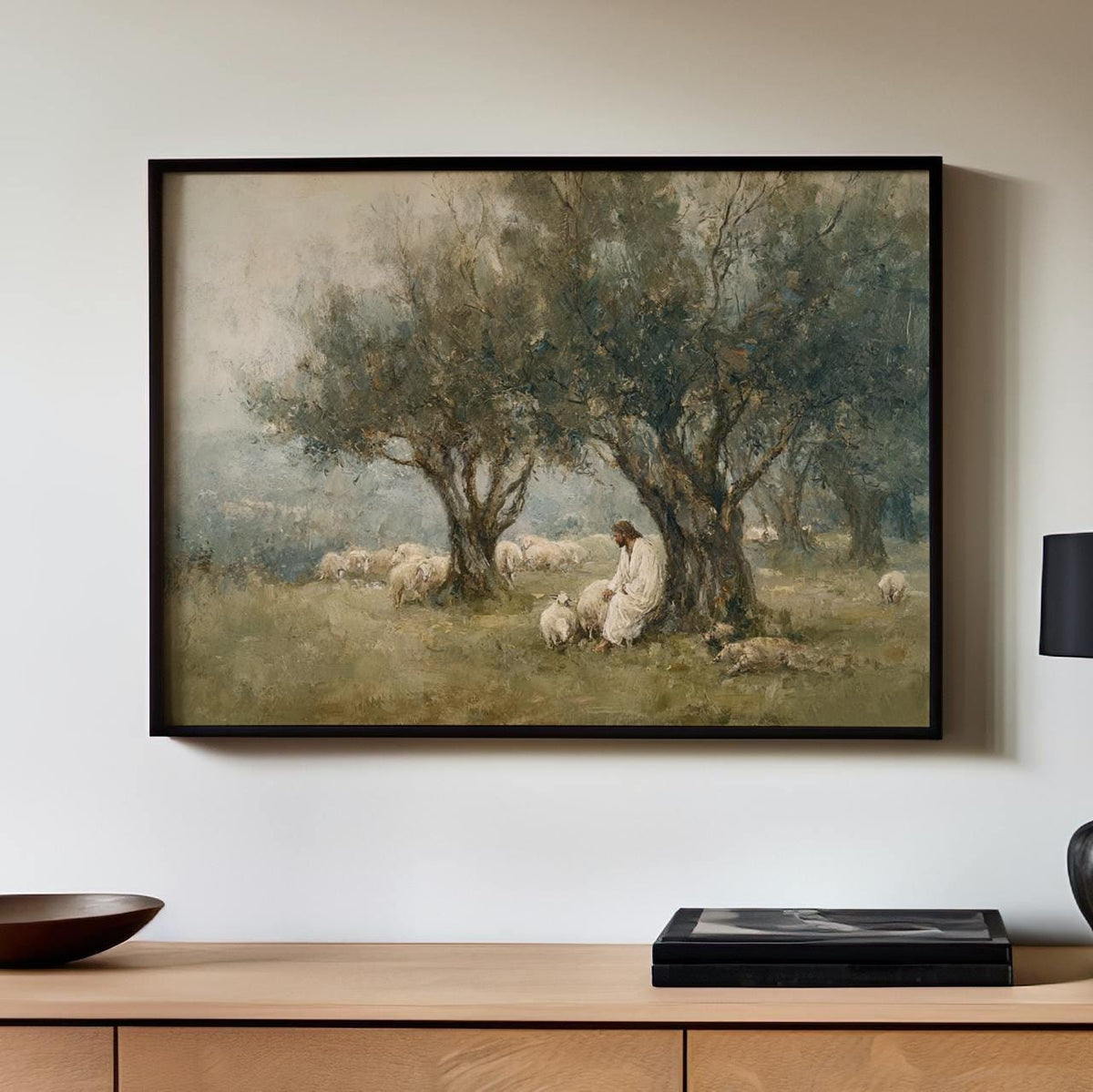 The Lord is My Shepherd Christian Wall Art, Jesus Leaves the 99, Neutral Jesus and Sheep Oil Painting, Modern Faith Deco