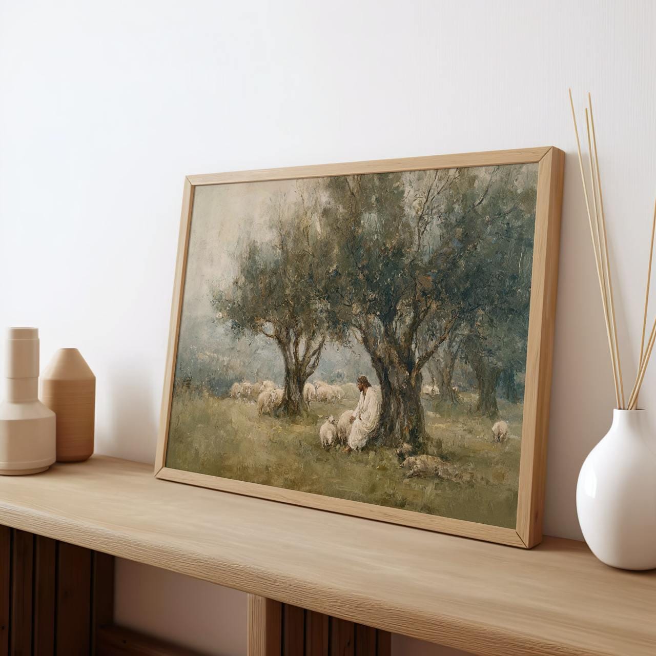 The Lord is My Shepherd Christian Wall Art, Jesus Leaves the 99, Neutral Jesus and Sheep Oil Painting, Modern Faith Deco