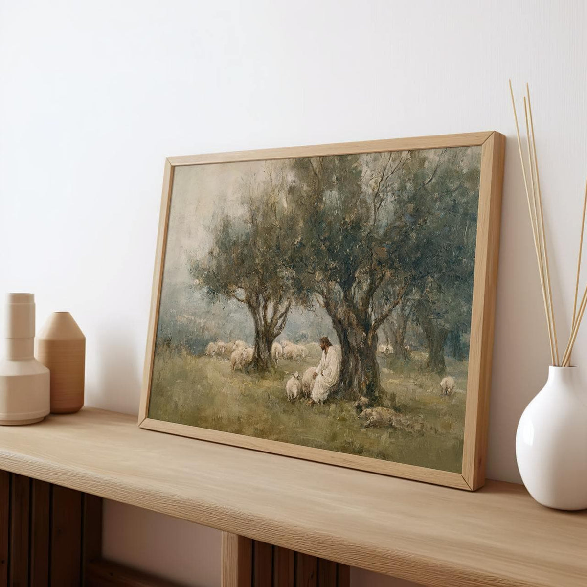 The Lord is My Shepherd Christian Wall Art, Jesus Leaves the 99, Neutral Jesus and Sheep Oil Painting, Modern Faith Deco