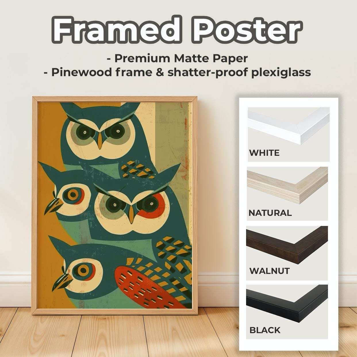 Mid-Century Owl Art Print, Retro Blue Owl Poster, Minimalist Animal Illustration, Vintage Wall Decor, Modern Graphic Art
