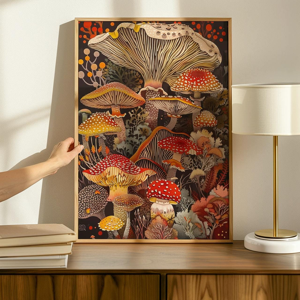 Mushroom Wall Art Framed Canvas Print, Botanical Kitchen Decor, Earthy Rustic Fungi Artwork, Nature Inspired Gift for Mu