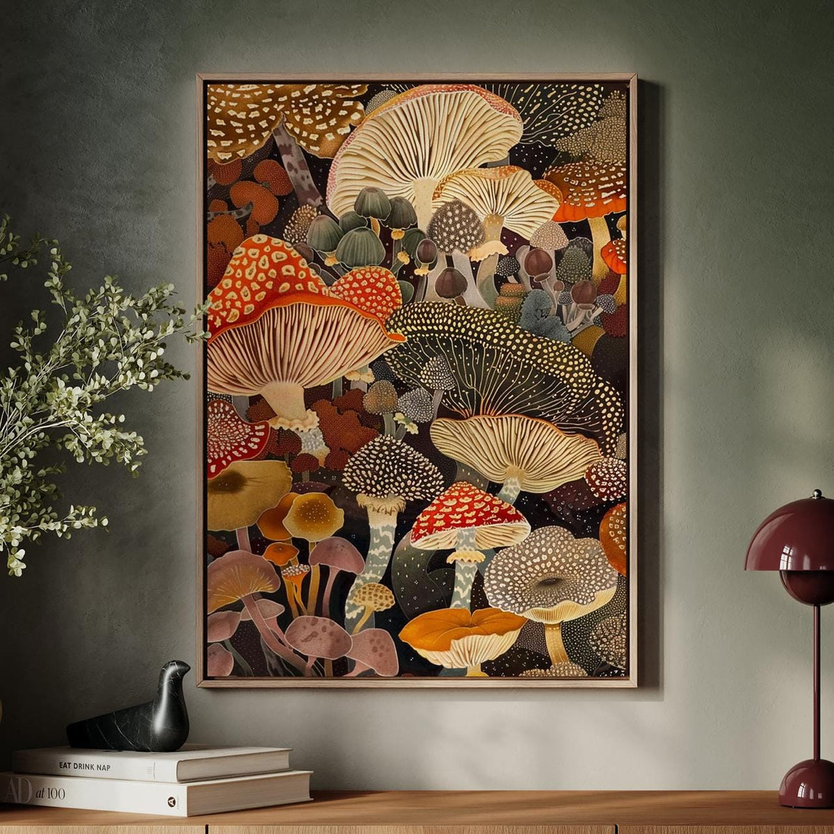 Botanical Mushroom Wall Art, Framed Canvas Print for Kitchen Decor, Rustic Earthy Fungi Artwork, Nature Inspired Gift, A