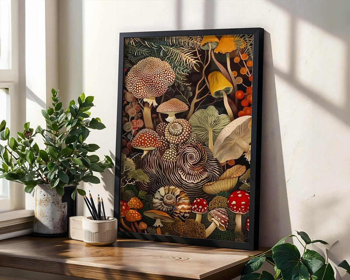 Mushroom Botanical Wall Art Print, Framed Kitchen Decor, Rustic Nature Inspired Fungi Artwork, Gift for Mushroom Lover,