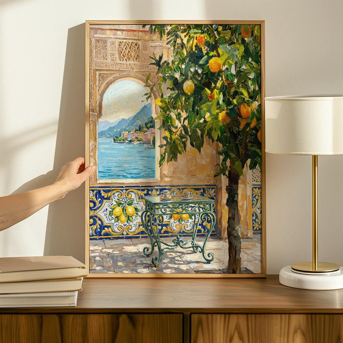 Moroccan Wall Decor, Mediterranean Courtyard Art Print with Orange Tree, Vibrant Moroccan Inspired Wall Art, Exotic Pati