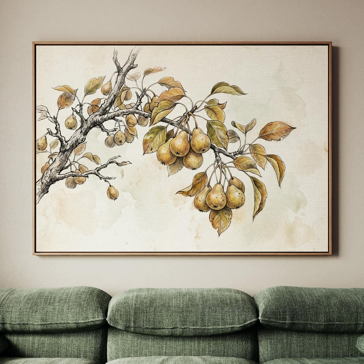 Framed Canvas Vintage Pear Tree Art Print, Neutral Nature Sketch Wall Art for Kitchen and Living Room, ART280