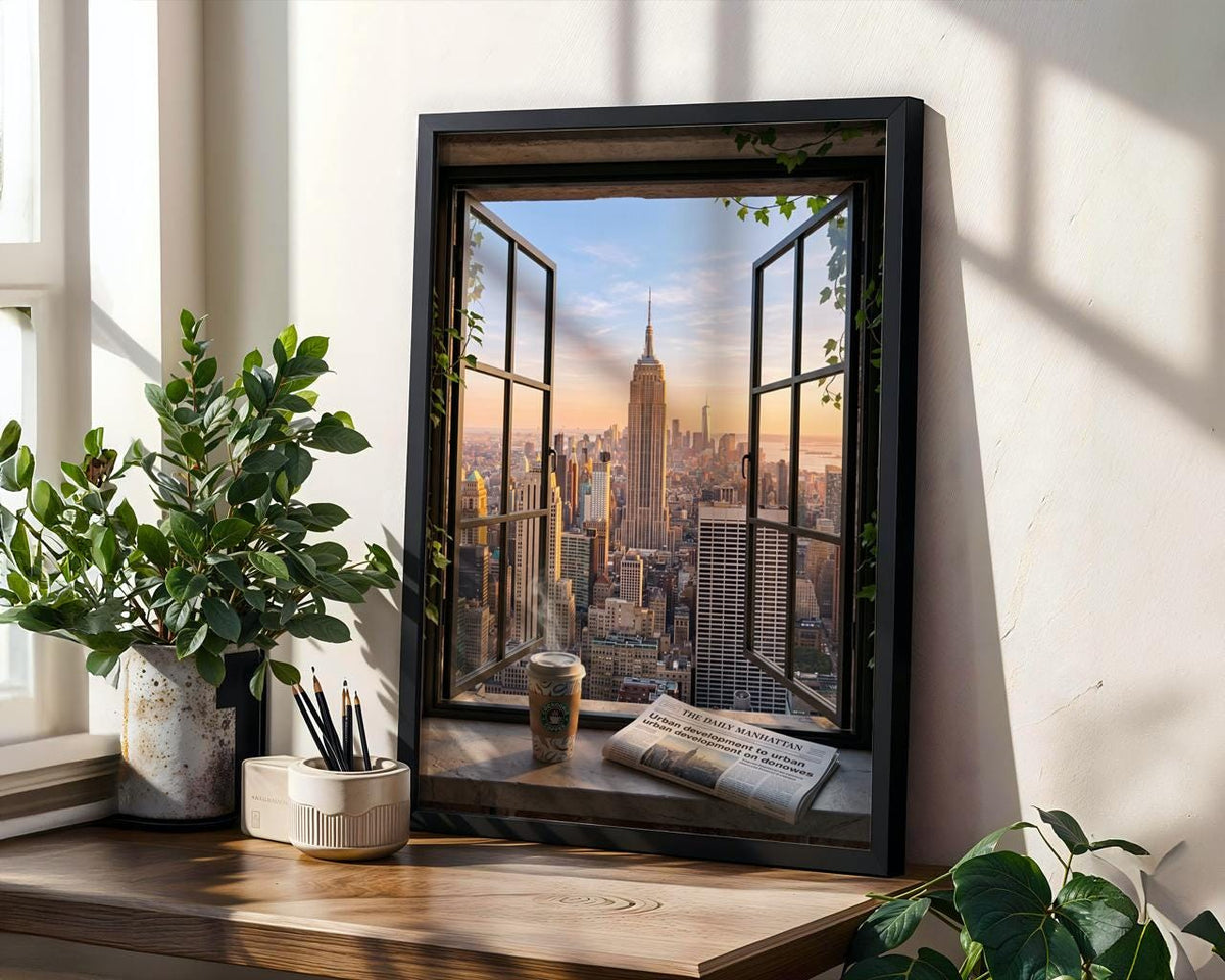 Open Window Manhattan View Print, New York City Skyline Wall Art, Urban Balcony Scene, Modern Retro Poster, ART337