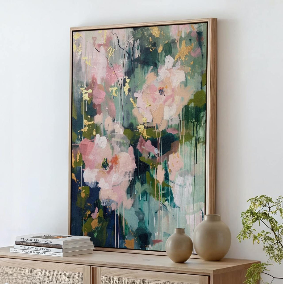 Abstract Botanical Wall Art, Soft Blush and Sage Green Print, Modern Shapes Artwork for Living Room, ART118