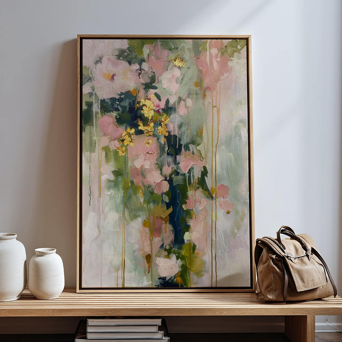 Modern Floral Shape Wall Art, Abstract Blush Pink and Green Print, Stylish Living Room Decor, ART118