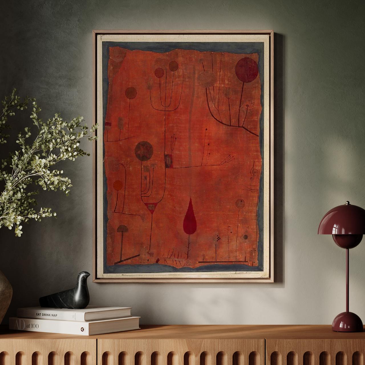 Paul Klee, Fruits on Red - abstract wall art, modern still life print, giclee canvas, Bauhaus decor, red contemporary po