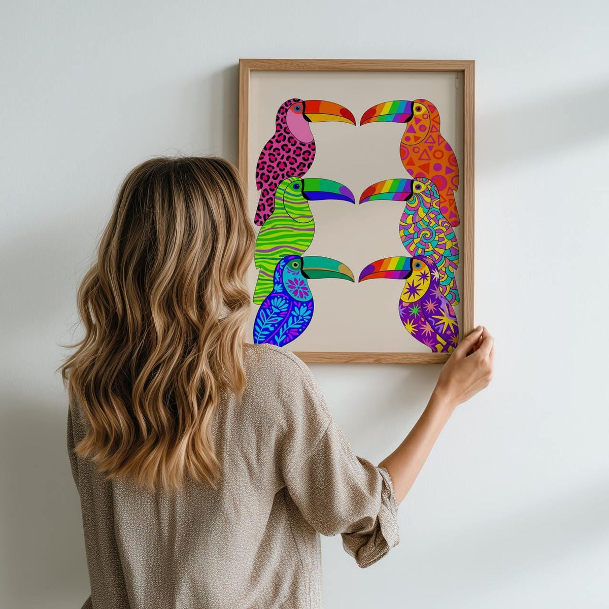 Dopamine Toucan Wall Art, Framed Colorful Canvas Print, Vibrant Abstract Toucan Painting, Playful Tropical Decor, ART314