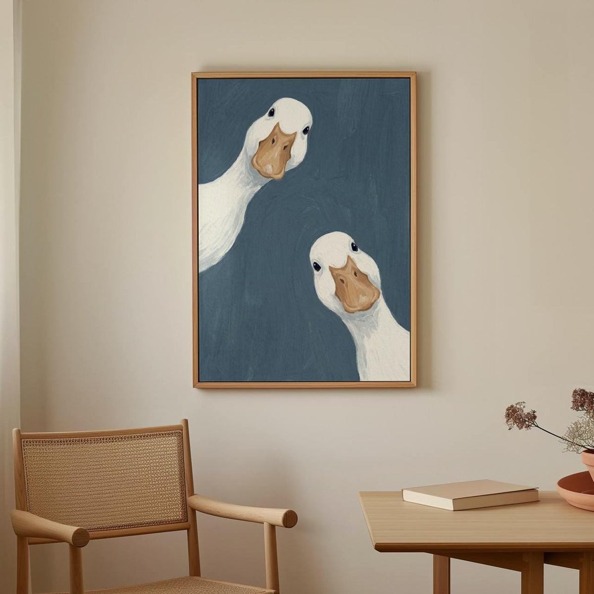 Goose Duo Poster, Minimalist Animal Wall Art, Funny Farmhouse Decor Print in Sage Blue, ART376