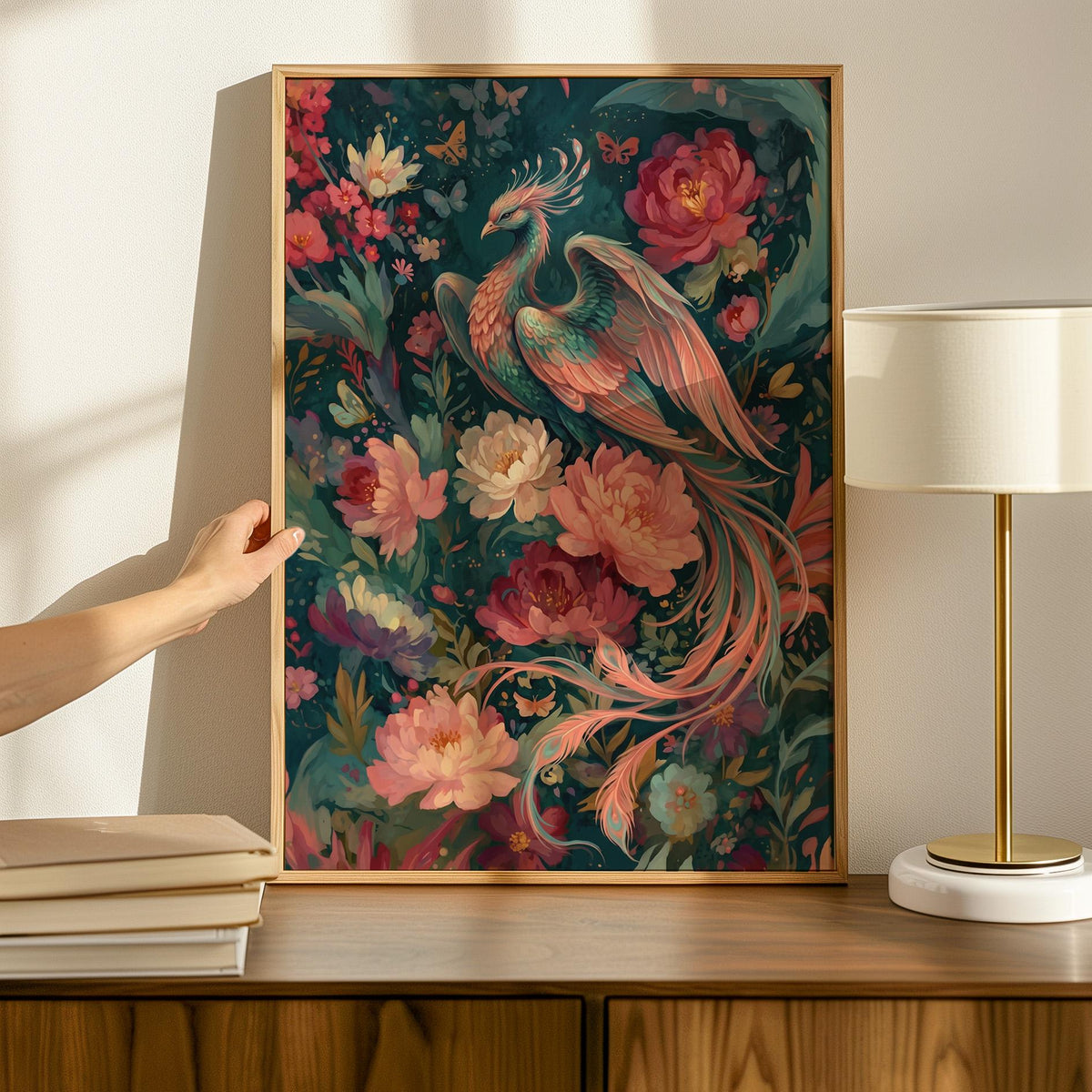 Floral Phoenix Wall Art, Fantasy Creature Print, Whimsical Phoenix in Flowers, Colorful Fairytale Illustration, Magical