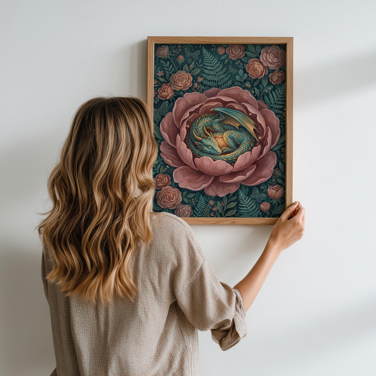 Floral Dragon Wall Art, Fantasy Creature Print, Whimsical Dragon in Flowers, Colorful Fairytale Illustration, Magical Nu