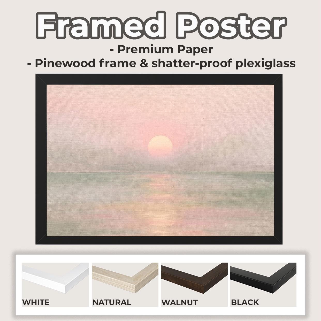Large Framed Sunset Ocean Wall Art, Soft Pastel Pink Orange Coastal Landscape Canvas Print, Calm Sea Seascape Decor, ART