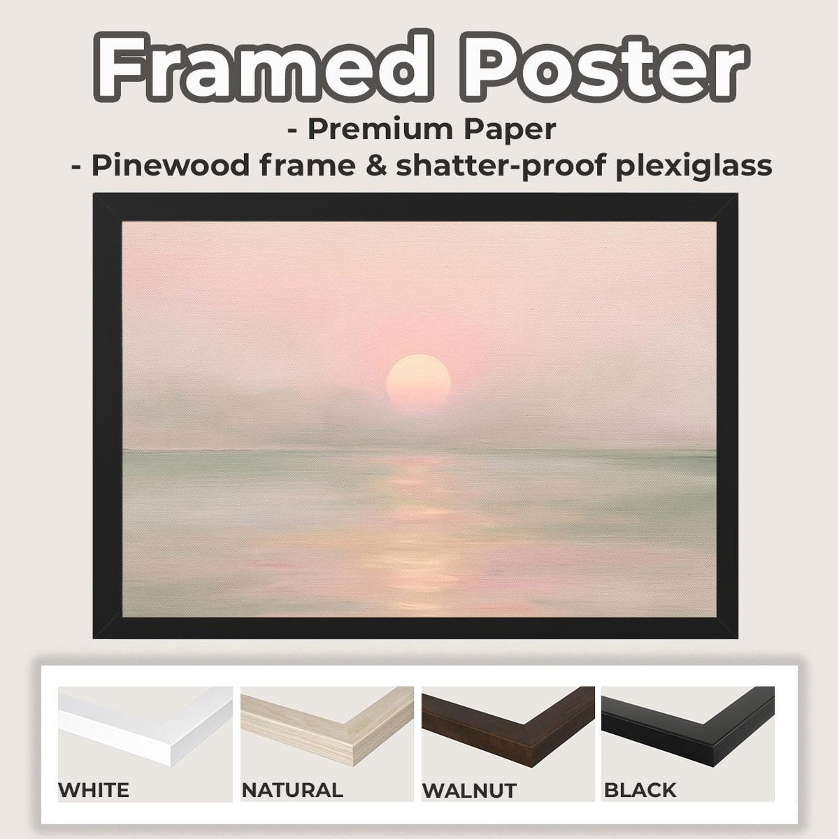 Large Framed Sunset Ocean Wall Art, Soft Pastel Pink Orange Coastal Landscape Canvas Print, Calm Sea Seascape Decor, ART