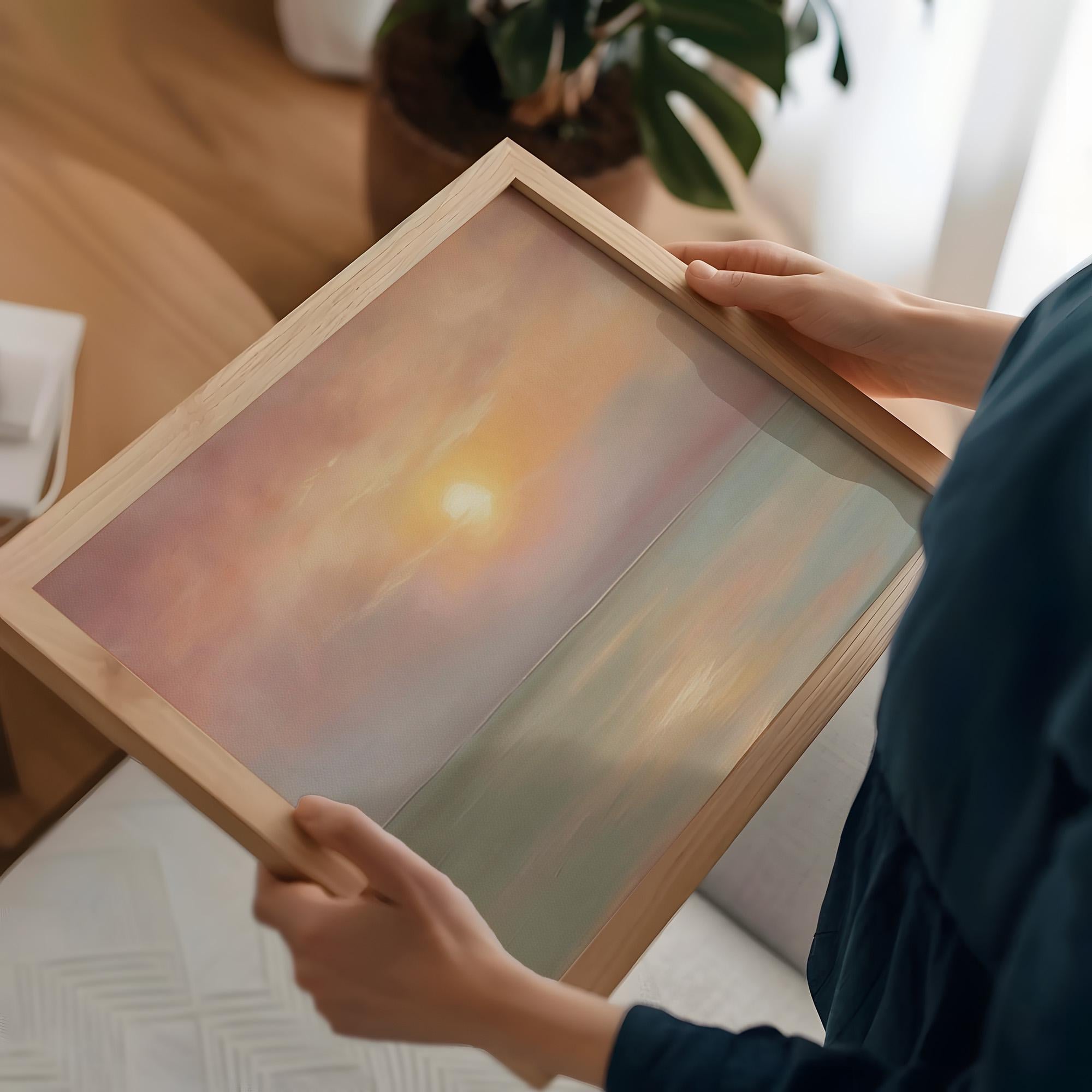 Pastel Sunset Seascape Wall Art, Framed Coastal Landscape Poster Print, Soft Pink Orange Ocean Decor, ART311