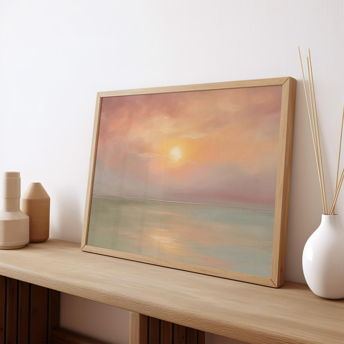 Pastel Sunset Seascape Wall Art, Framed Coastal Landscape Poster Print, Soft Pink Orange Ocean Decor, ART311