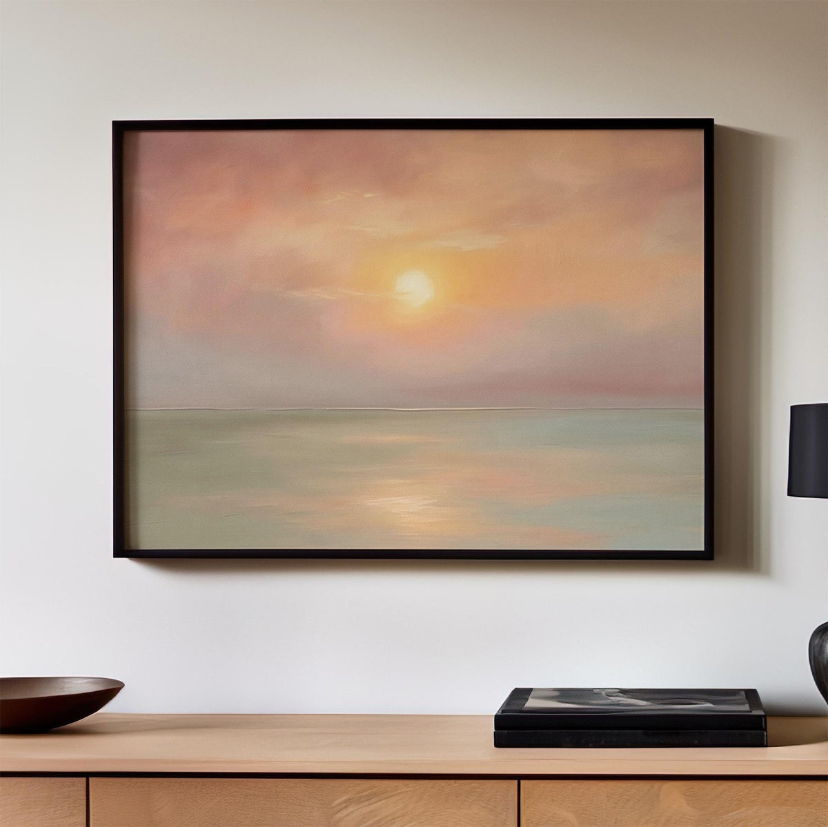 Pastel Sunset Seascape Wall Art, Framed Coastal Landscape Poster Print, Soft Pink Orange Ocean Decor, ART311