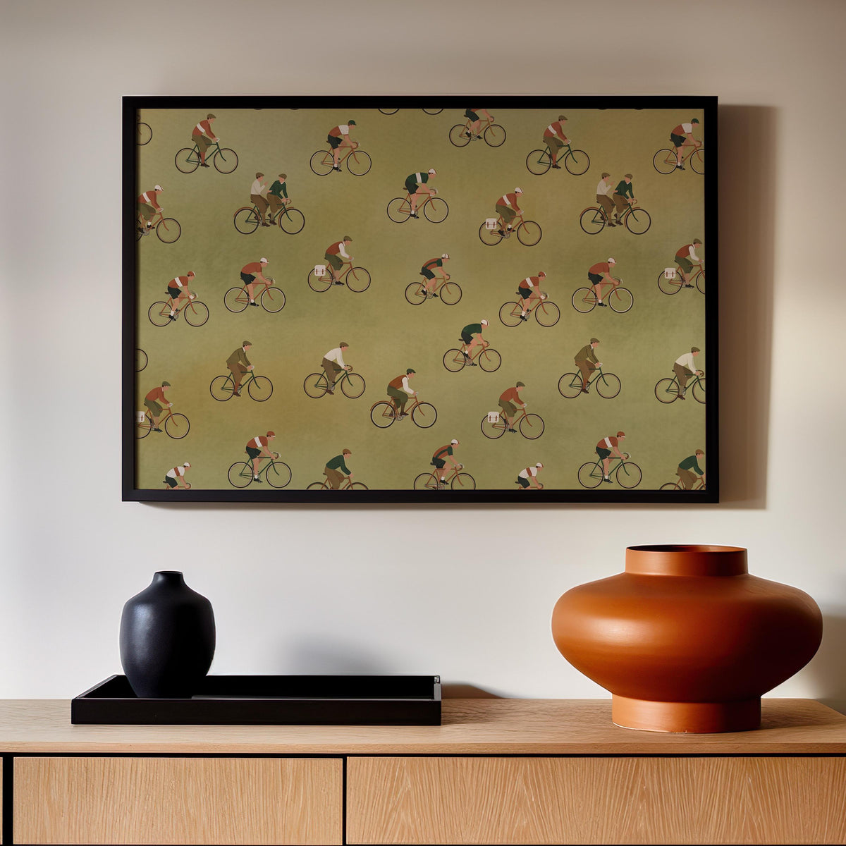 Bicycle Riders Art Print, Framed Canvas Wall Decor, Green Background, Stylish Athletic Decor, ART163