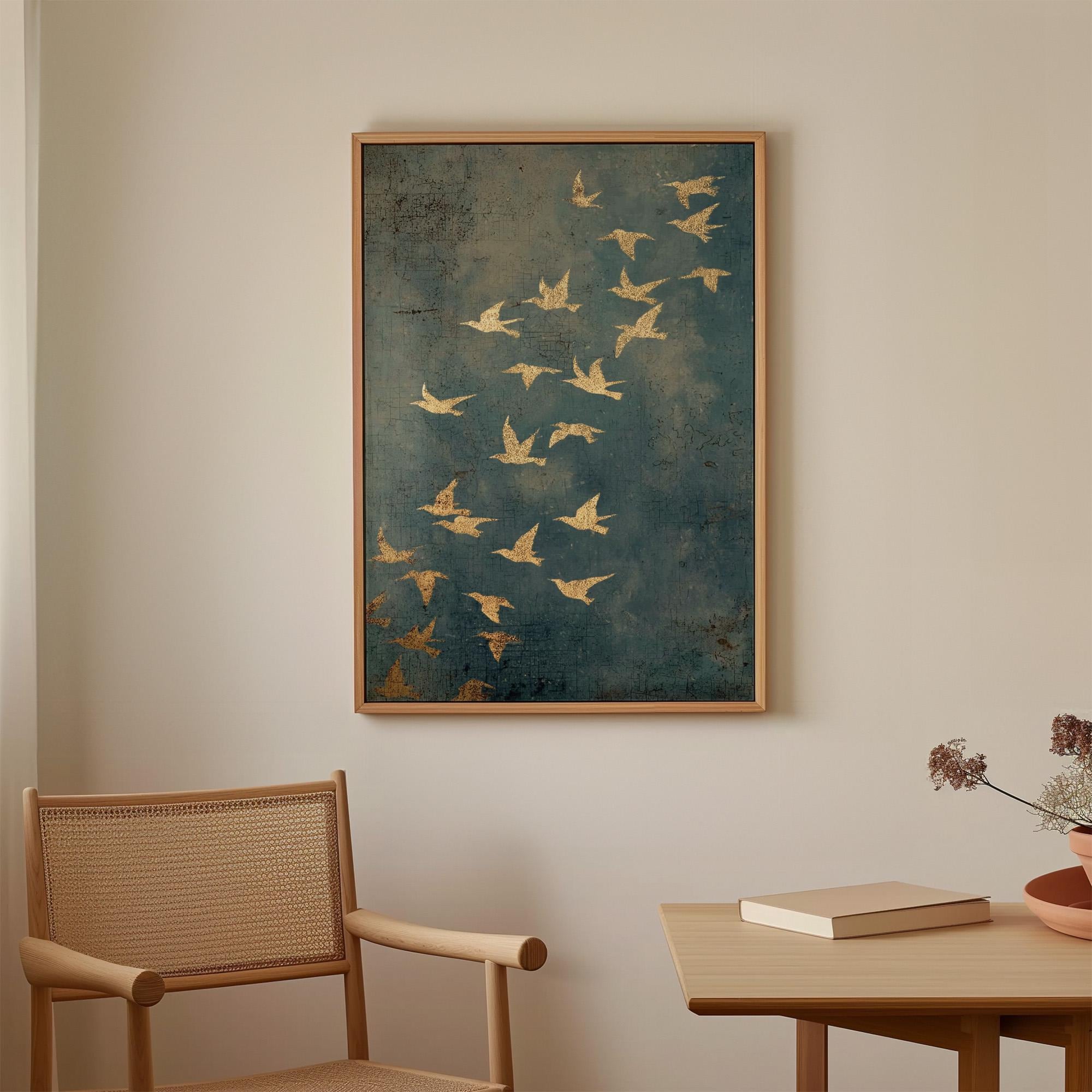 Gold Framed Flying Birds Wall Art, Minimalist Spiritual Canvas Print, Modern Japandi Abstract Home Decor, ART97