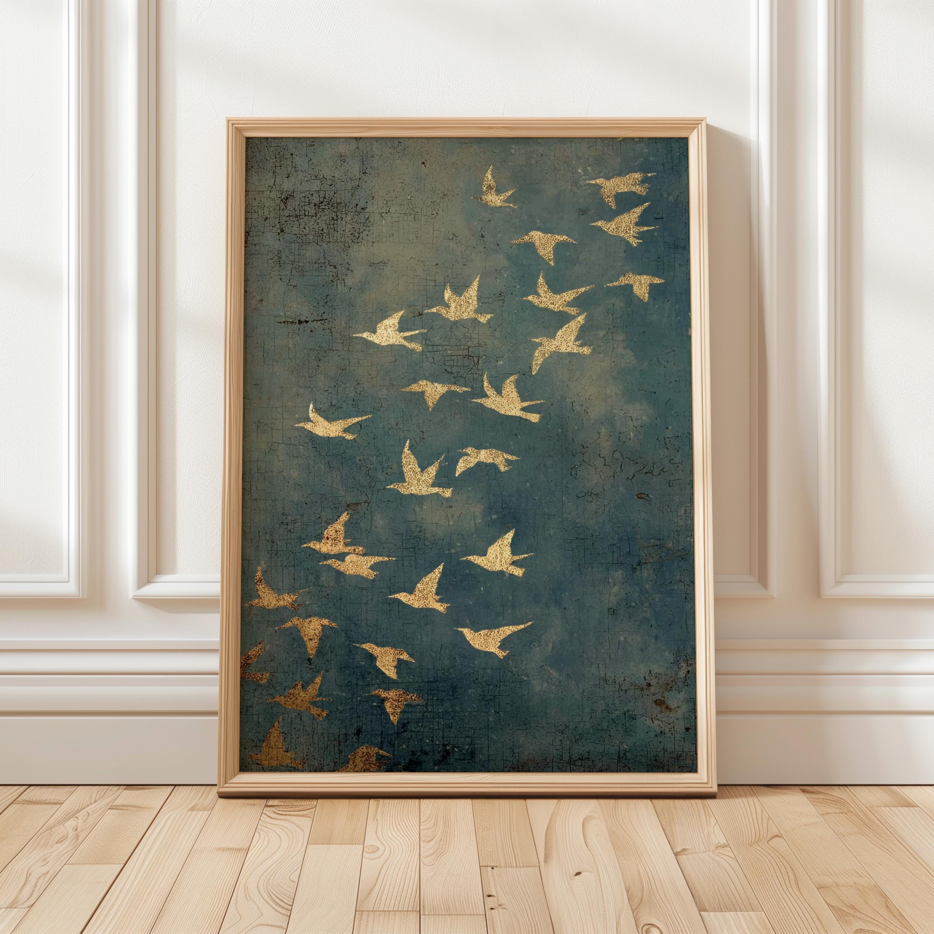 Gold Framed Flying Birds Wall Art, Minimalist Spiritual Canvas Print, Modern Japandi Abstract Home Decor, ART97