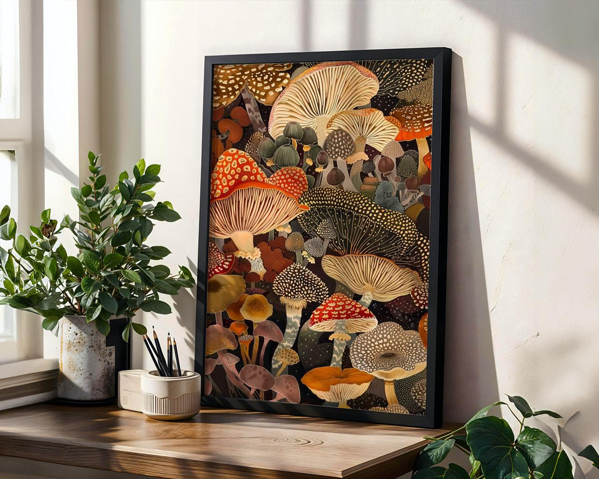 Botanical Mushroom Wall Art, Framed Canvas Print for Kitchen Decor, Rustic Earthy Fungi Artwork, Nature Inspired Gift, A