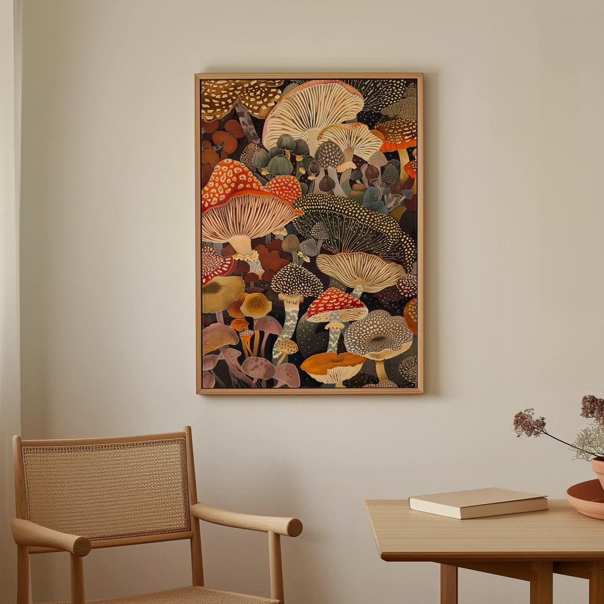 Botanical Mushroom Wall Art, Framed Canvas Print for Kitchen Decor, Rustic Earthy Fungi Artwork, Nature Inspired Gift, A