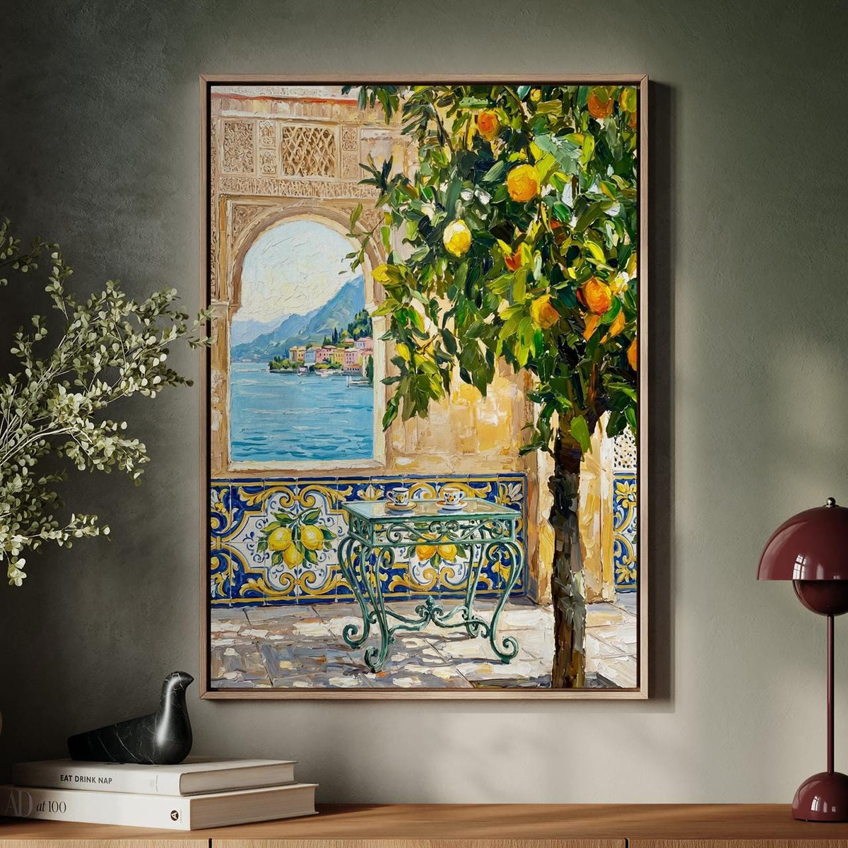 Moroccan Wall Decor, Mediterranean Courtyard Art Print with Orange Tree, Vibrant Moroccan Inspired Wall Art, Exotic Pati