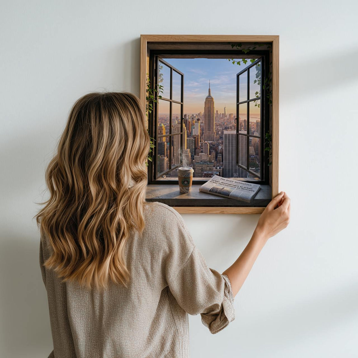 Open Window Manhattan View Print, New York City Skyline Wall Art, Urban Balcony Scene, Modern Retro Poster, ART337