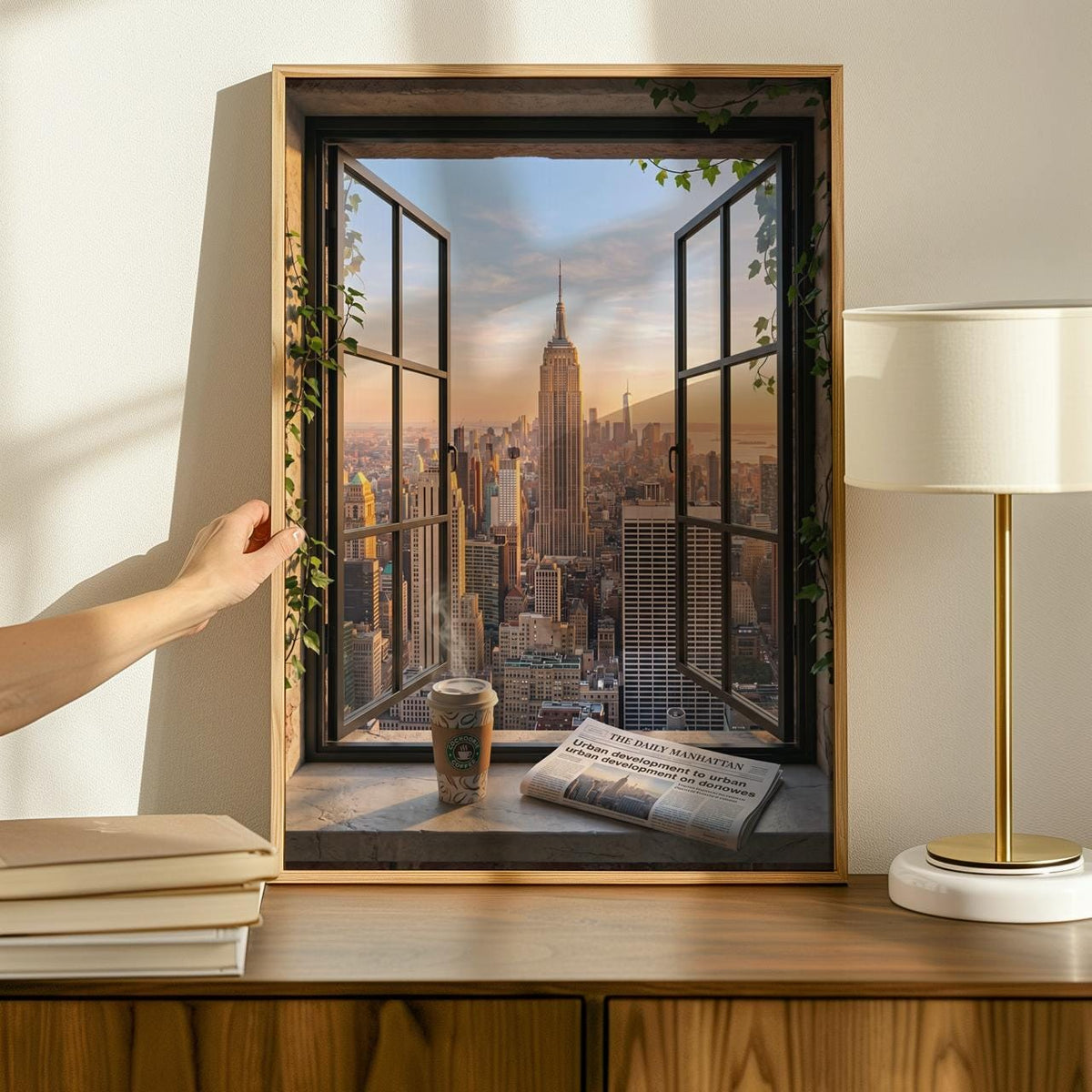 Open Window Manhattan View Print, New York City Skyline Wall Art, Urban Balcony Scene, Modern Retro Poster, ART337