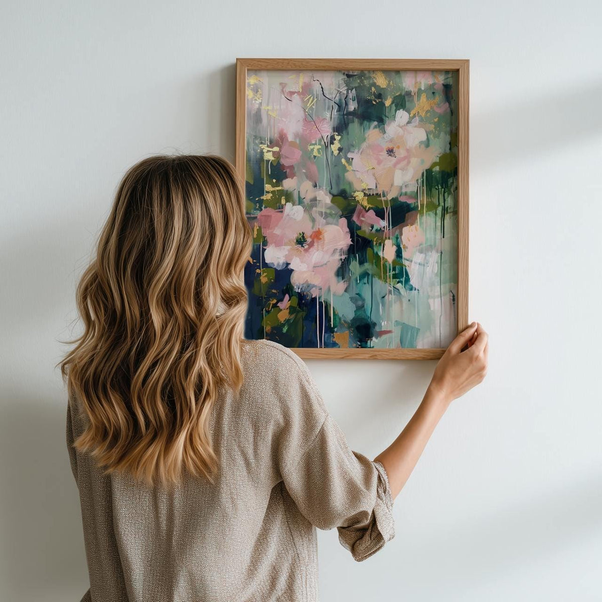 Abstract Botanical Wall Art, Soft Blush and Sage Green Print, Modern Shapes Artwork for Living Room, ART118
