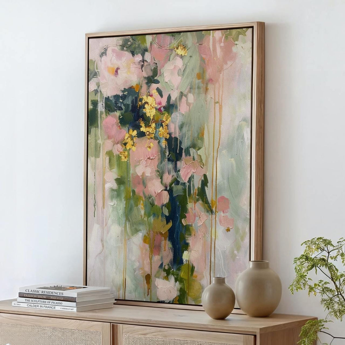 Modern Floral Shape Wall Art, Abstract Blush Pink and Green Print, Stylish Living Room Decor, ART118
