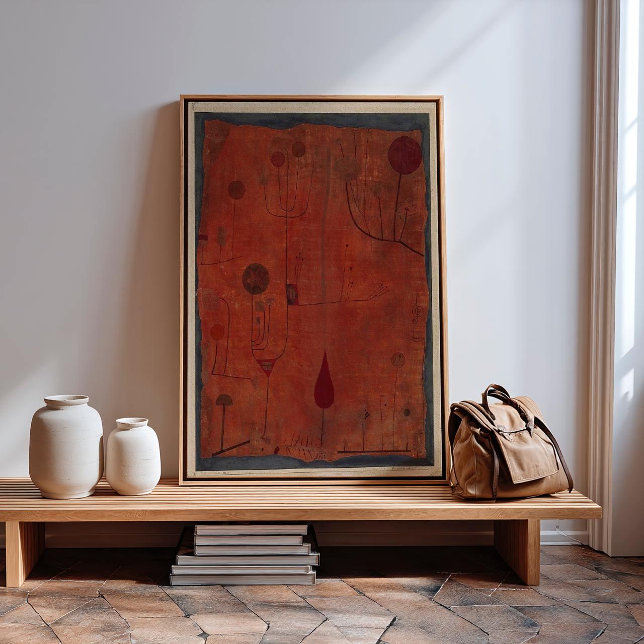 Paul Klee, Fruits on Red - abstract wall art, modern still life print, giclee canvas, Bauhaus decor, red contemporary po