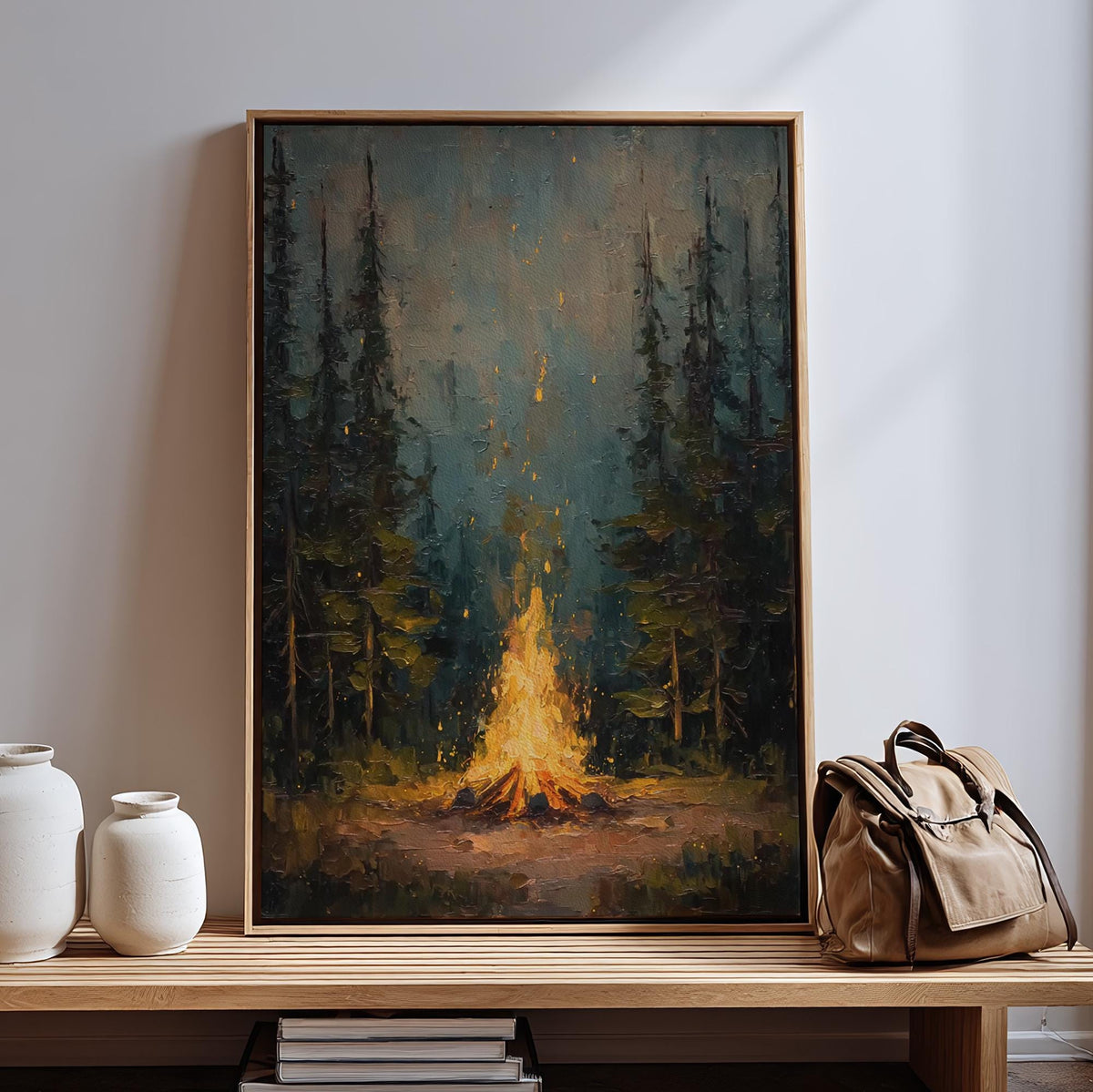 Rustic Campfire Oil Painting, Moody Pine Tree Poster Print, Camping Theme Wall Art, Cabin Wall Decor, Vintage Forest Pai