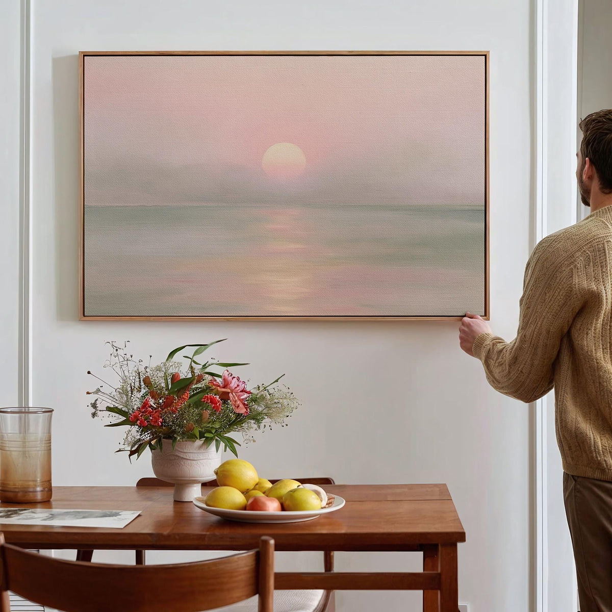 Large Framed Sunset Ocean Wall Art, Soft Pastel Pink Orange Coastal Landscape Canvas Print, Calm Sea Seascape Decor, ART