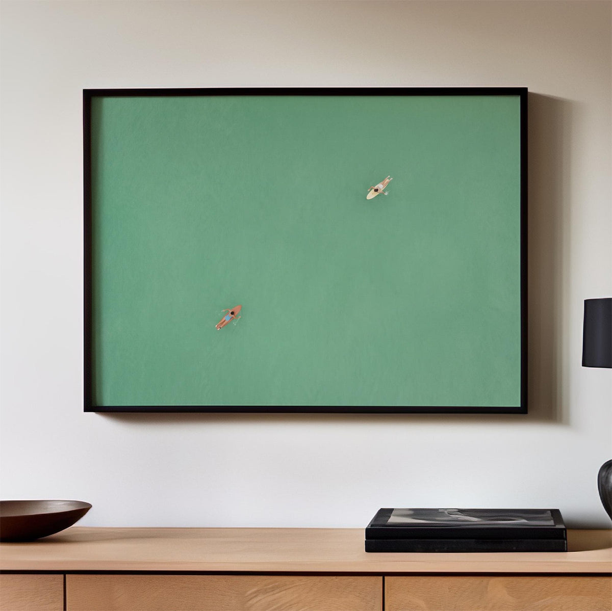 Green Abstract Swimming Art, Two Girls Painting, Modern Figure Wall Art with Expressive Movement and Contemporary Green
