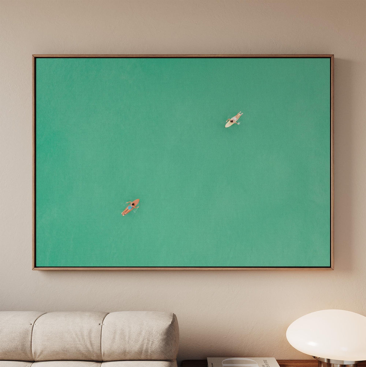 Green Abstract Swimming Art, Two Girls Painting, Modern Figure Wall Art with Expressive Movement and Contemporary Green