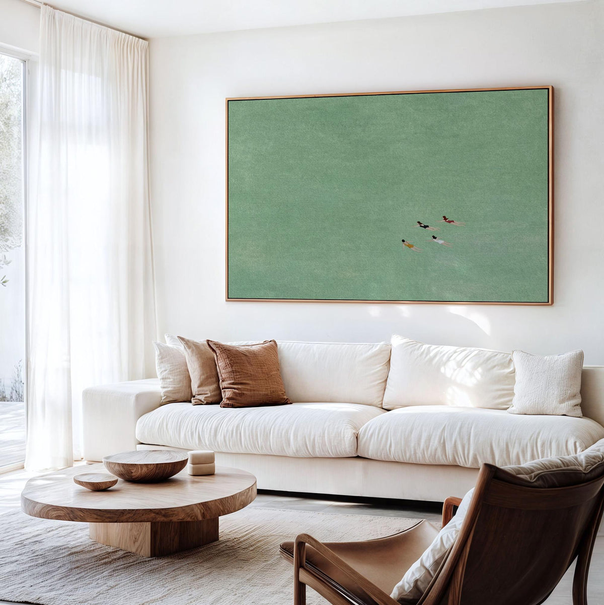 Green Abstract Swimming Art, Four Girls Painting, Modern Figure Wall Art with Expressive Movement and Contemporary Green