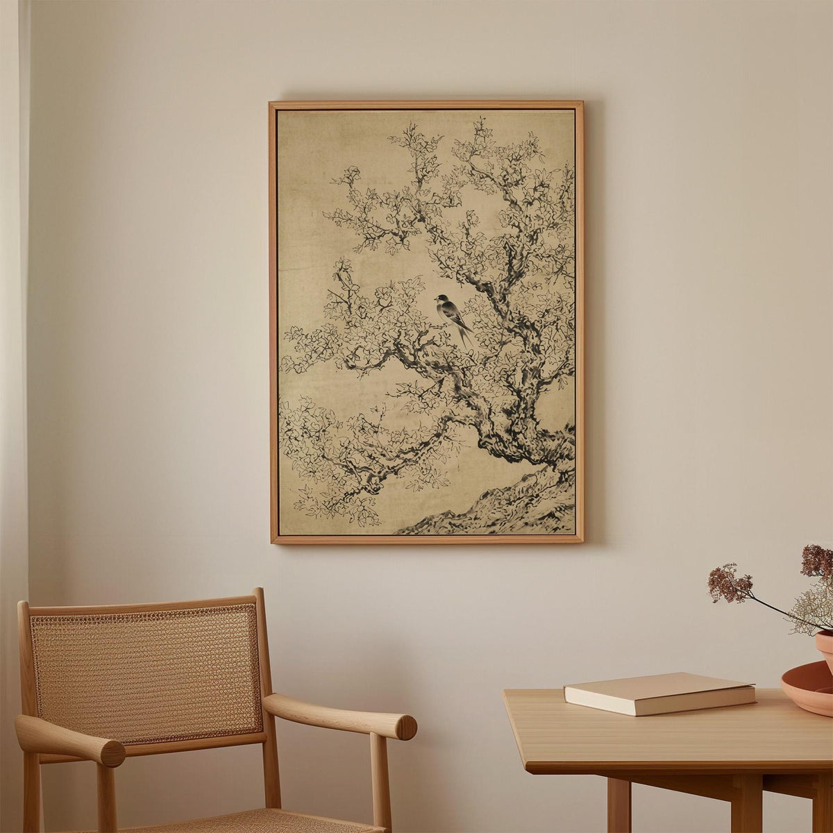 Minimalist Sage Green Cherry Blossom Print, Vintage Japanese Ink Sketch Wall Art, Antique Botanical Nature Poster, Flora