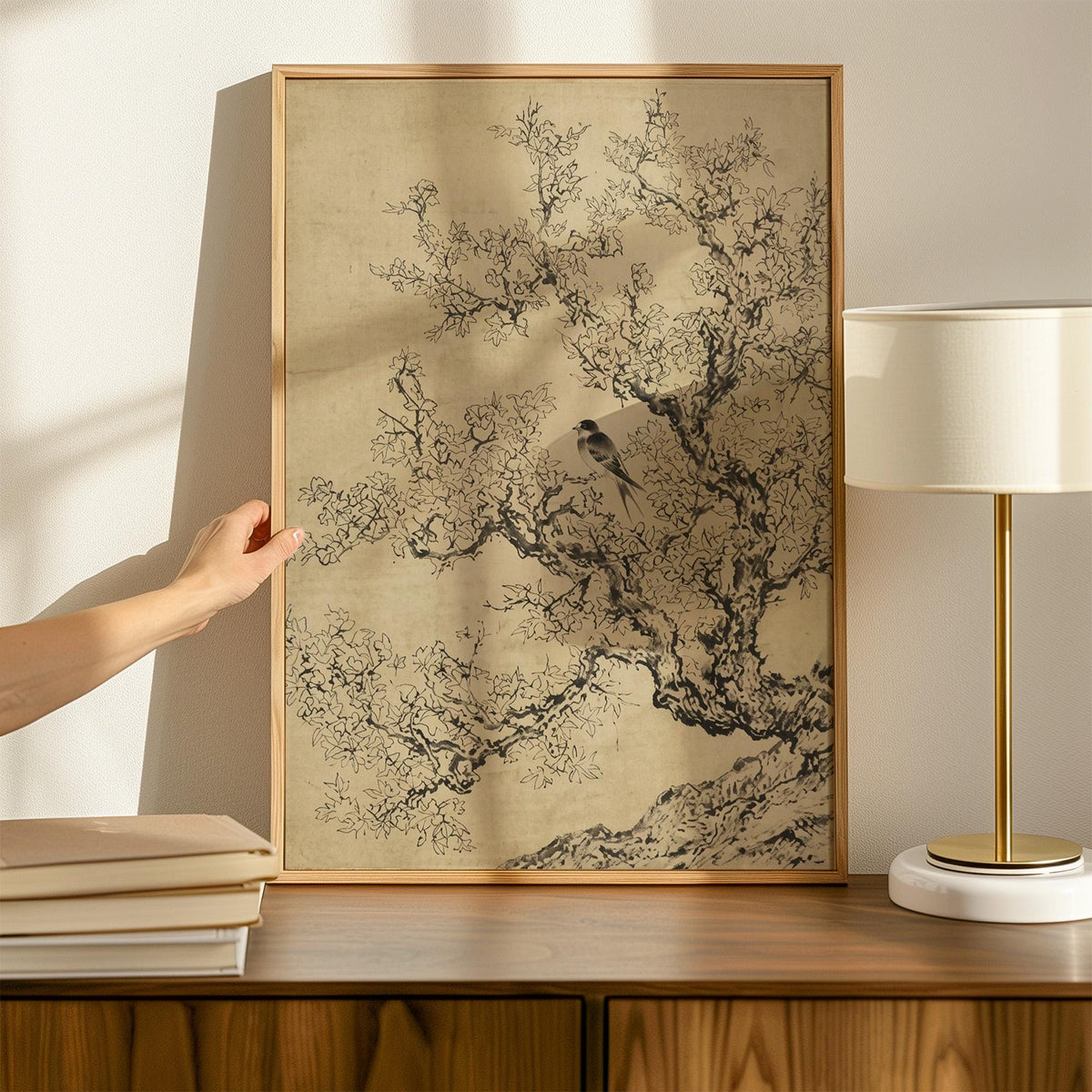 Minimalist Sage Green Cherry Blossom Print, Vintage Japanese Ink Sketch Wall Art, Antique Botanical Nature Poster, Flora